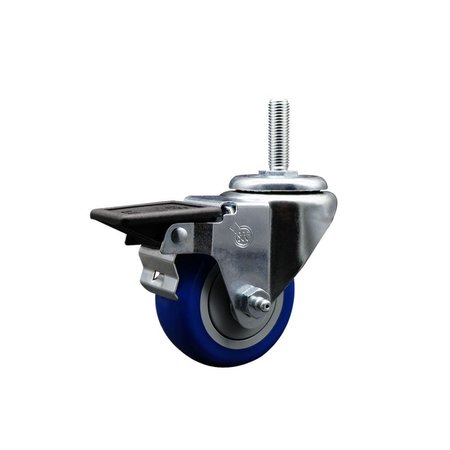 SERVICE CASTER 3 Inch Blue Polyurethane Wheel Swivel 58 Inch Threaded Stem Caster with Brake SCC SCC-TS20S314-PPUB-BLUE-PLB-58212